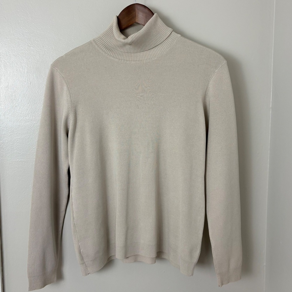 VTG 90s Turtleneck Sweater Womens M Beige Silk Rayon Minimal Ribbed CBK FLAW